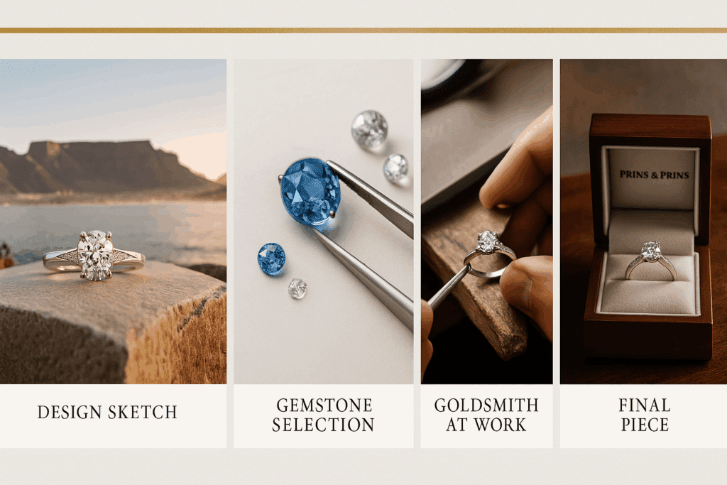 A premium collage-style layout featuring five stages of custom jewellery creation: an inspiration photo of Cape Town, a detailed hand-drawn design sketch, a tray of colourful loose gemstones, a goldsmith shaping a ring at a workbench, and the finished diamond ring in a Prins & Prins box. Each image is separated by thin gold lines, creating a refined, educational, and luxury storytelling visual.