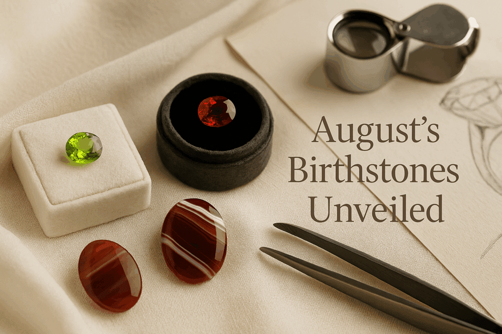 A flat-lay image featuring three August birthstones — a vivid green peridot, a deep red spinel, and two striped sardonyx cabochons — displayed on a soft cream fabric. The gemstones are set in elegant holders alongside a jeweller’s loupe, pencil sketch, and tweezers. The text “August’s Birthstones Unveiled” is overlaid in serif font, creating a refined and educational presentation.