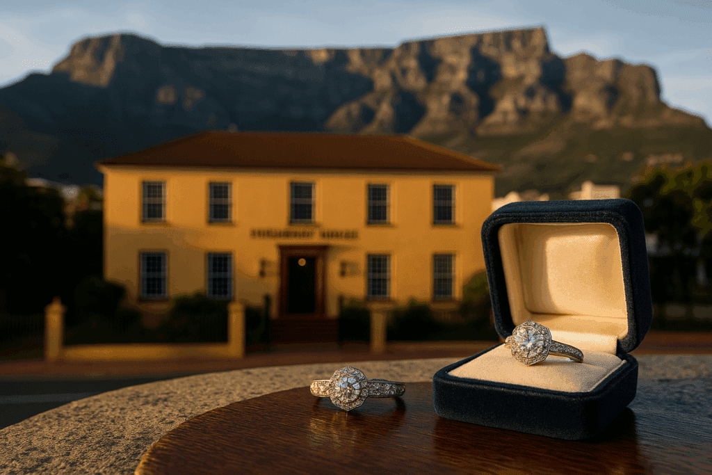 A vintage diamond engagement ring in a navy velvet box displayed on a stone ledge, with Huguenot House and Table Mountain softly blurred in the background at sunset.