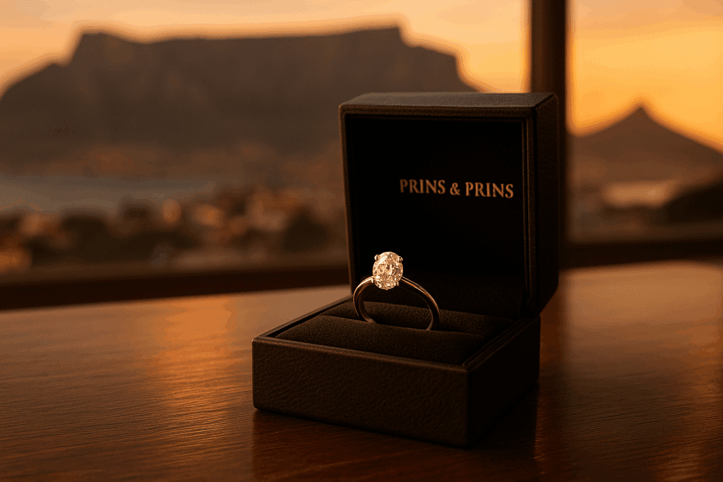 A close-up photograph of a diamond engagement ring in a Prins & Prins signature box, placed on a polished wooden surface. Soft candlelight reflections create a warm, romantic glow, with the diamond’s facets sparkling in sharp focus against a blurred background