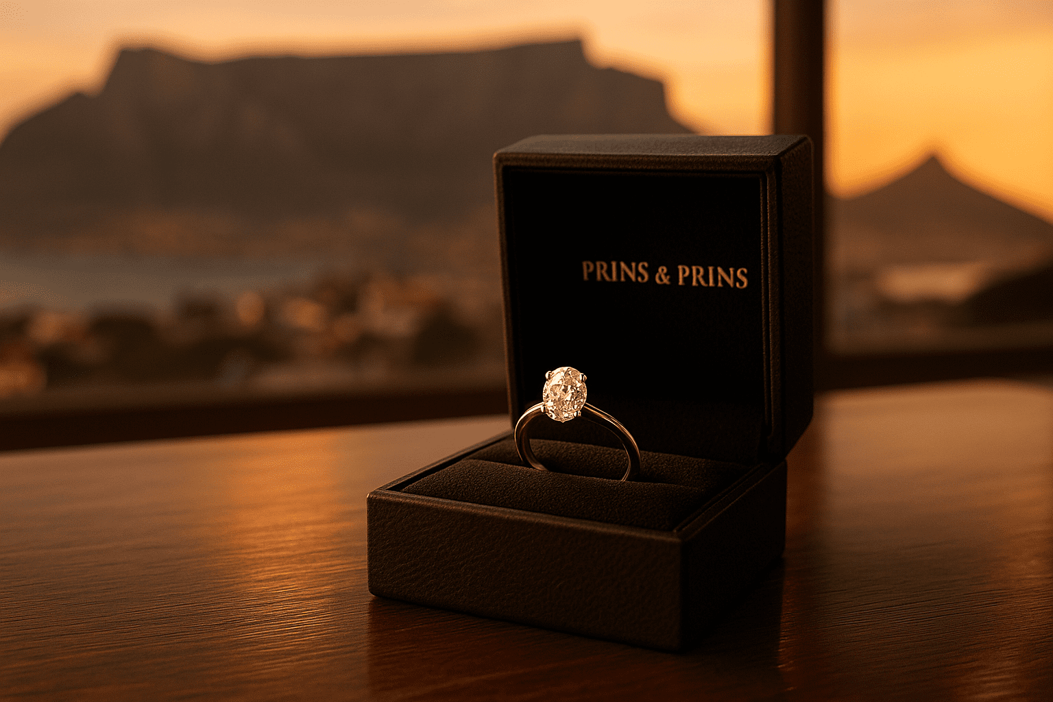 A close-up photograph of a diamond engagement ring in a Prins & Prins signature box, placed on a polished wooden surface. Soft candlelight reflections create a warm, romantic glow, with the diamond’s facets sparkling in sharp focus against a blurred background