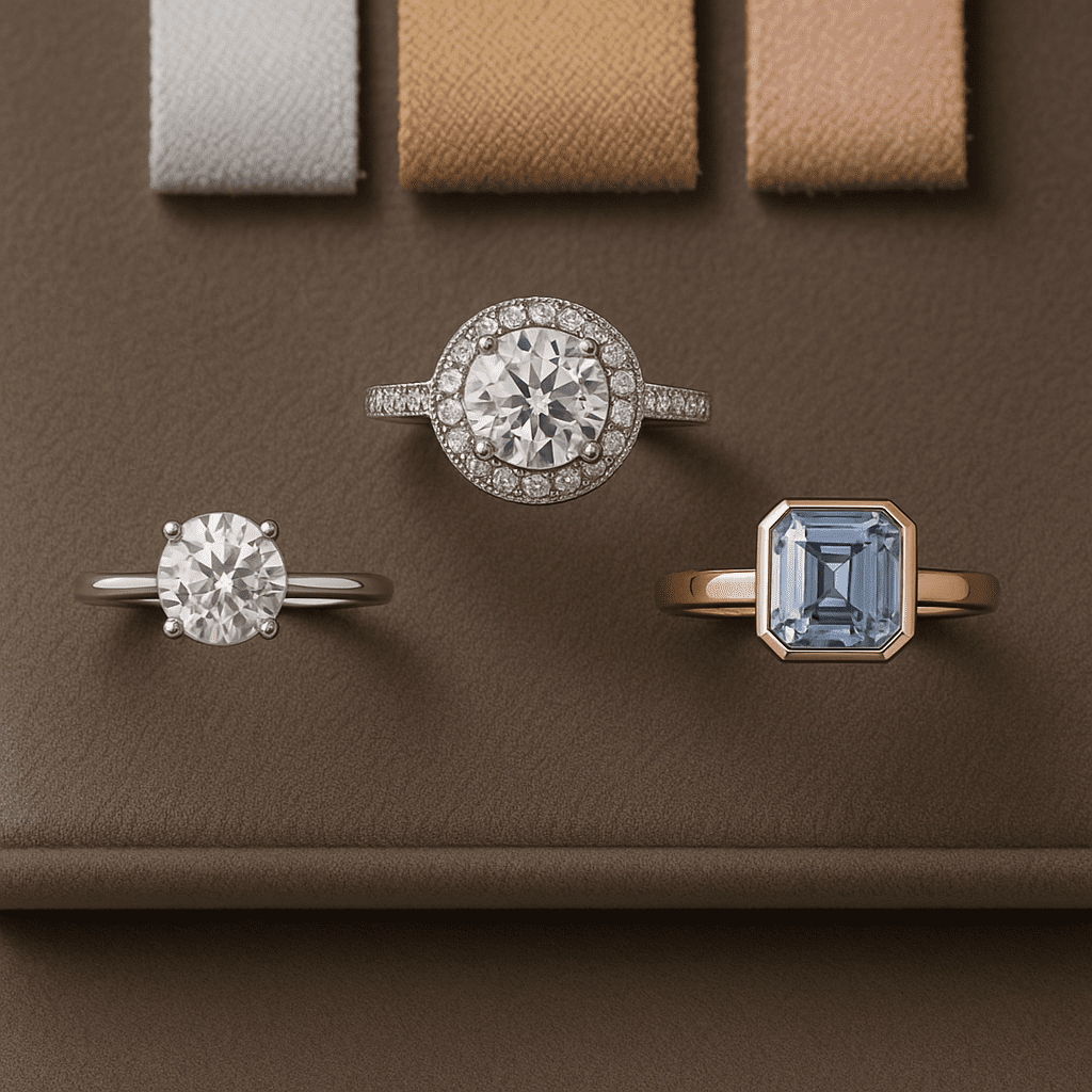 ’n Plat uitleg van drie verloofringe op fluweel – ’n klassieke solitaire, ’n vintage halo en ’n moderne vet ontwerp – met materiaalmonsters van platinum, goud en roosgoud in die agtergrond om stylverskeidenheid te toon.