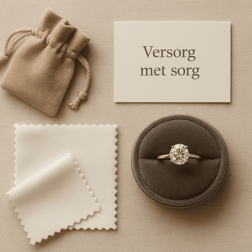 ’n Plat uitleg van ’n diamantring op ’n fluweel kussing, saam met ’n sagte juweliersak, ’n skoonmaakdoekie en ’n kaartjie wat lees “Versorg met sorg” – ’n elegante voorstelling van hoe om erfstuk-juwele te versorg.