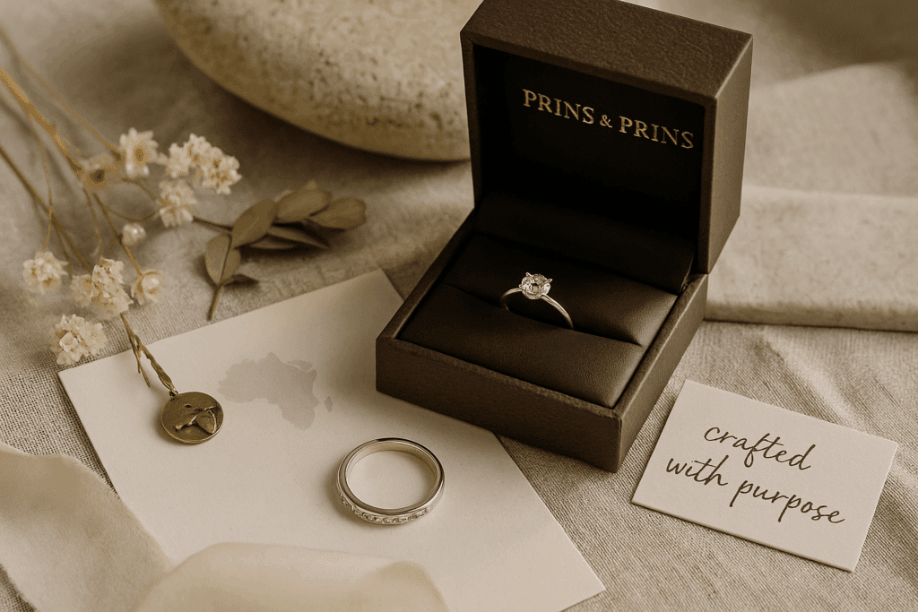 A photograph showcases a diamond engagement ring nestled in a Prins & Prins signature box, surrounded by delicate dried florals and a handwritten note reading “crafted with purpose.” The scene is set on a textured surface with soft linen and wood elements, bathed in natural light and gentle shadows, evoking a sense of emotional, sustainable luxury.