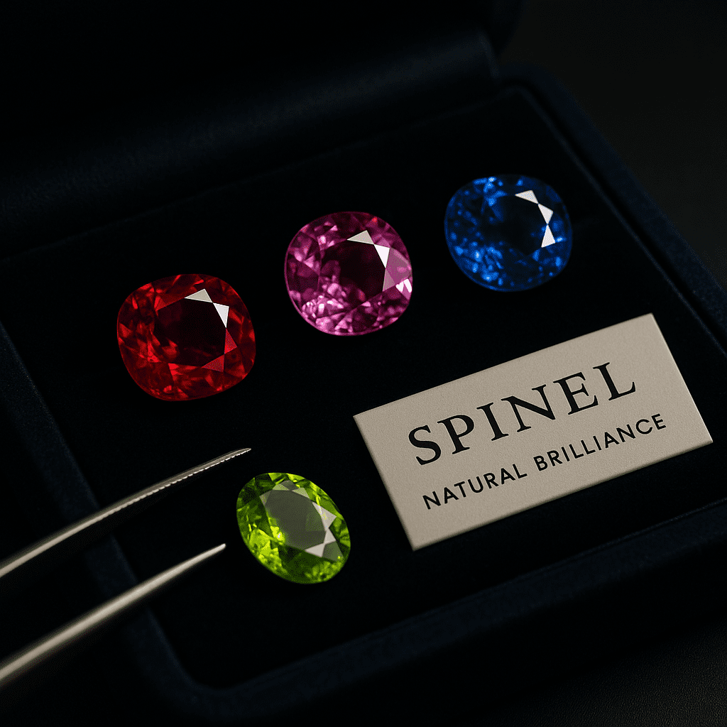 A dramatic close-up of three spinel gemstones—red, pink, and cobalt blue—displayed in a navy velvet-lined case. Each gem sparkles under soft spotlighting, emphasising their brilliance and clarity. A cream tag reading “SPINEL – NATURAL BRILLIANCE” lies beside them, conveying rarity and elegance.