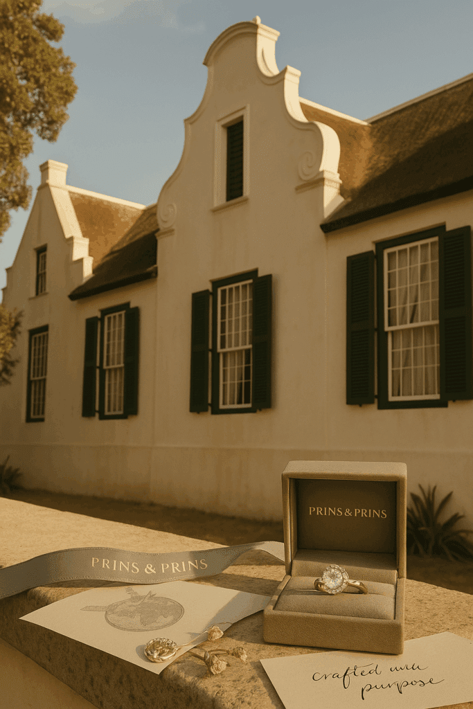 A photograph captures a Cape Dutch-style building with whitewashed walls, ornate gables, and green shuttered windows, bathed in warm natural light. In the foreground, a vintage-inspired diamond ring rests on a stone ledge beside a soft Prins & Prins ribbon, evoking a sense of timeless elegance and historical charm.