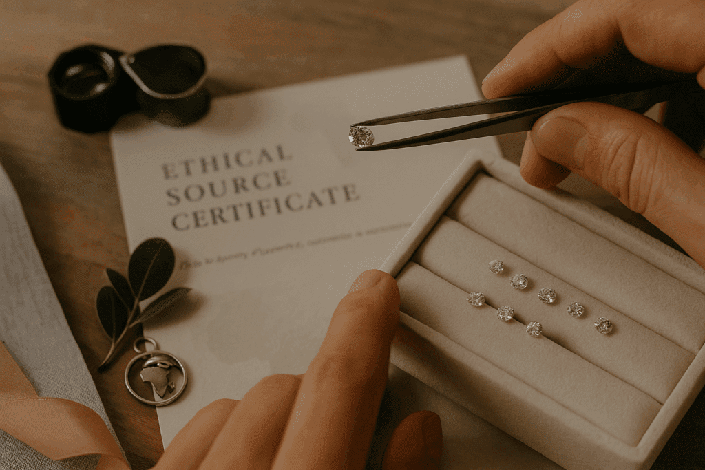 A photograph captures a jeweller’s hands examining a loose diamond with tweezers above a gem tray. A certificate of ethical sourcing is partially visible in the softly blurred background, along with a silhouette of the African continent subtly embossed on a document. The lighting highlights the diamond’s brilliance, conveying a sense of professional transparency and ethical refinement.
