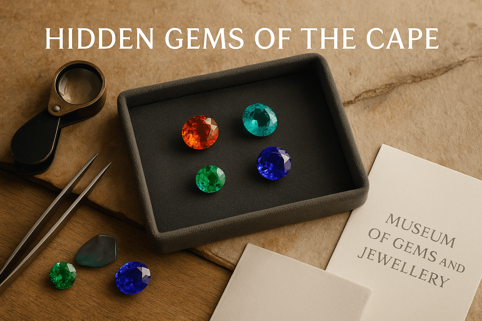 A photograph displays four vibrant gemstones—spessartine garnet, Paraíba tourmaline, demantoid garnet, and tanzanite—arranged neatly in a velvet-lined gem tray. The scene includes a jeweller’s loupe and tweezers, with a folded museum brochure marked “Museum of Gems and Jewellery” nearby. The background features a warm wooden surface, and soft natural lighting highlights the brilliance of each stone.