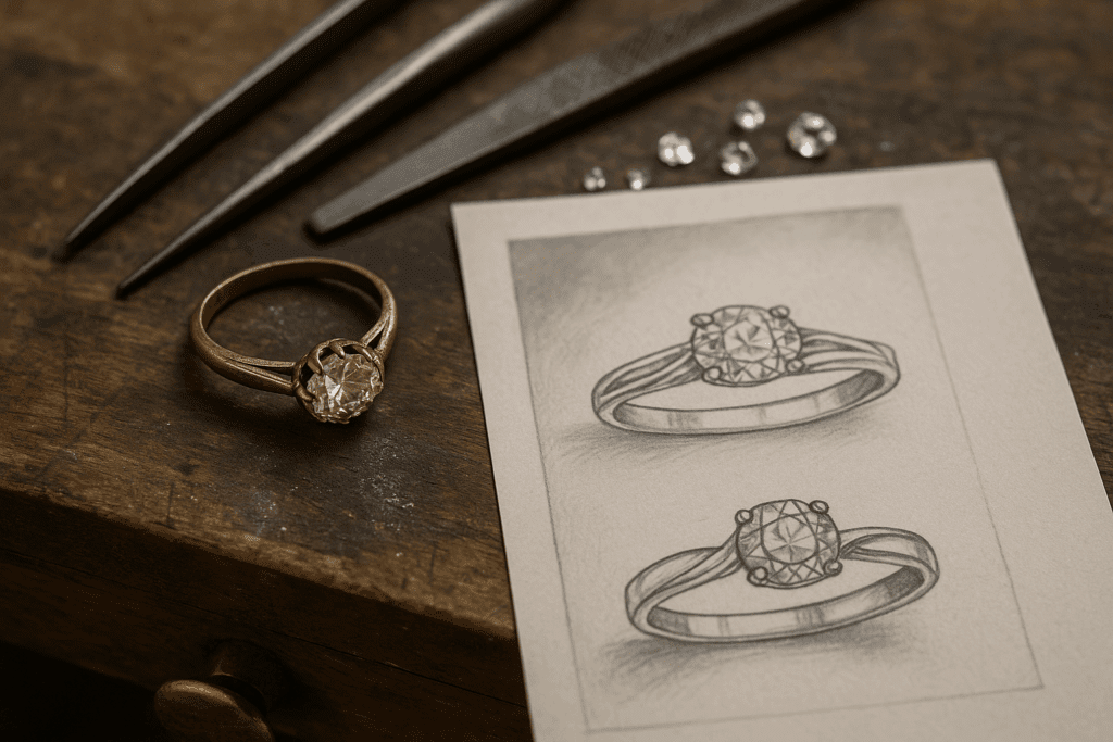 ’n Vintage goue ring met ’n diamant lê op ’n juwelierswerkbank langs ’n skets van ’n moderne herontwerp, met gereedskap en los diamante wat die proses van erfstuk-juwele herleef uitbeeld.