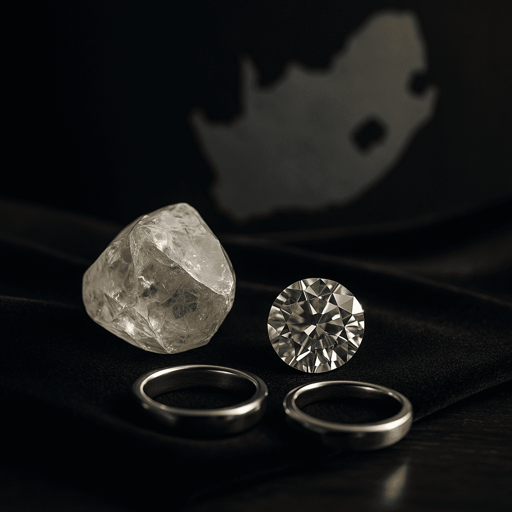 A large rough diamond and a polished brilliant-cut diamond rest on dark black velvet, with a blurred map of South Africa in the background, symbolising the nation’s historic diamond legacy.