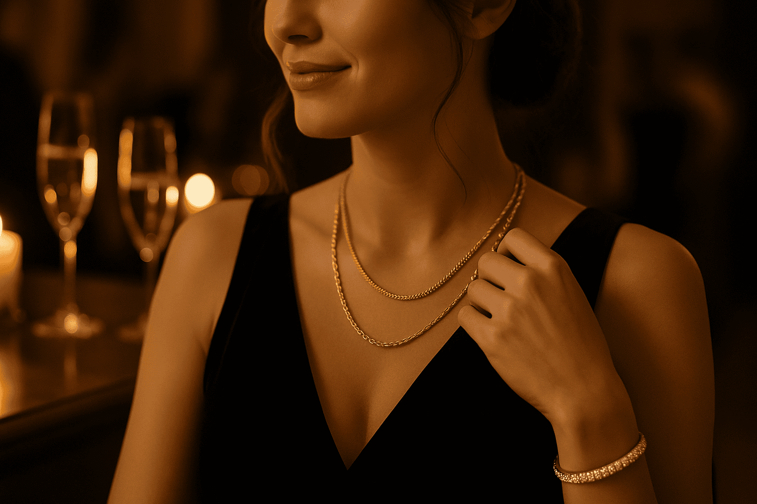 A woman at an elegant soirée wearing layered gold necklaces and a platinum bracelet, with champagne glasses and candlelight blurred in the background.