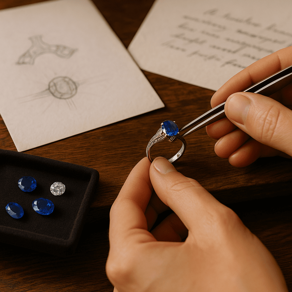 A close-up image of a jeweller’s hands carefully setting heirloom sapphires and a central diamond into a custom ring. The workspace includes vintage design sketches, historical notes, and a velvet pad displaying additional antique gemstones. Soft natural light from a nearby window highlights the intricate details and craftsmanship.