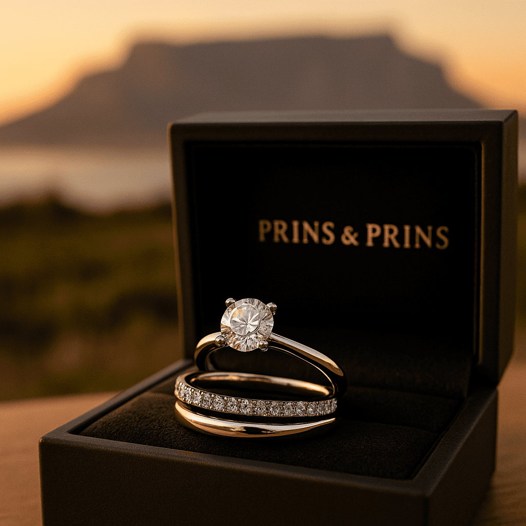 A cinematic close-up of a diamond solitaire engagement ring paired with a pavé-set wedding band inside a black Prins & Prins jewellery box. Behind them, Cape Town’s Table Mountain is softly blurred in golden sunset light, creating a romantic and aspirational scene.