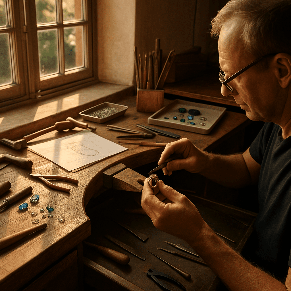 A photograph captures a jeweller working at his wooden bench inside a sunlit workshop, surrounded by vintage tools, loose gemstones, and a sketch. Warm light streams through a sash window, highlighting the intricate craftsmanship in progress.