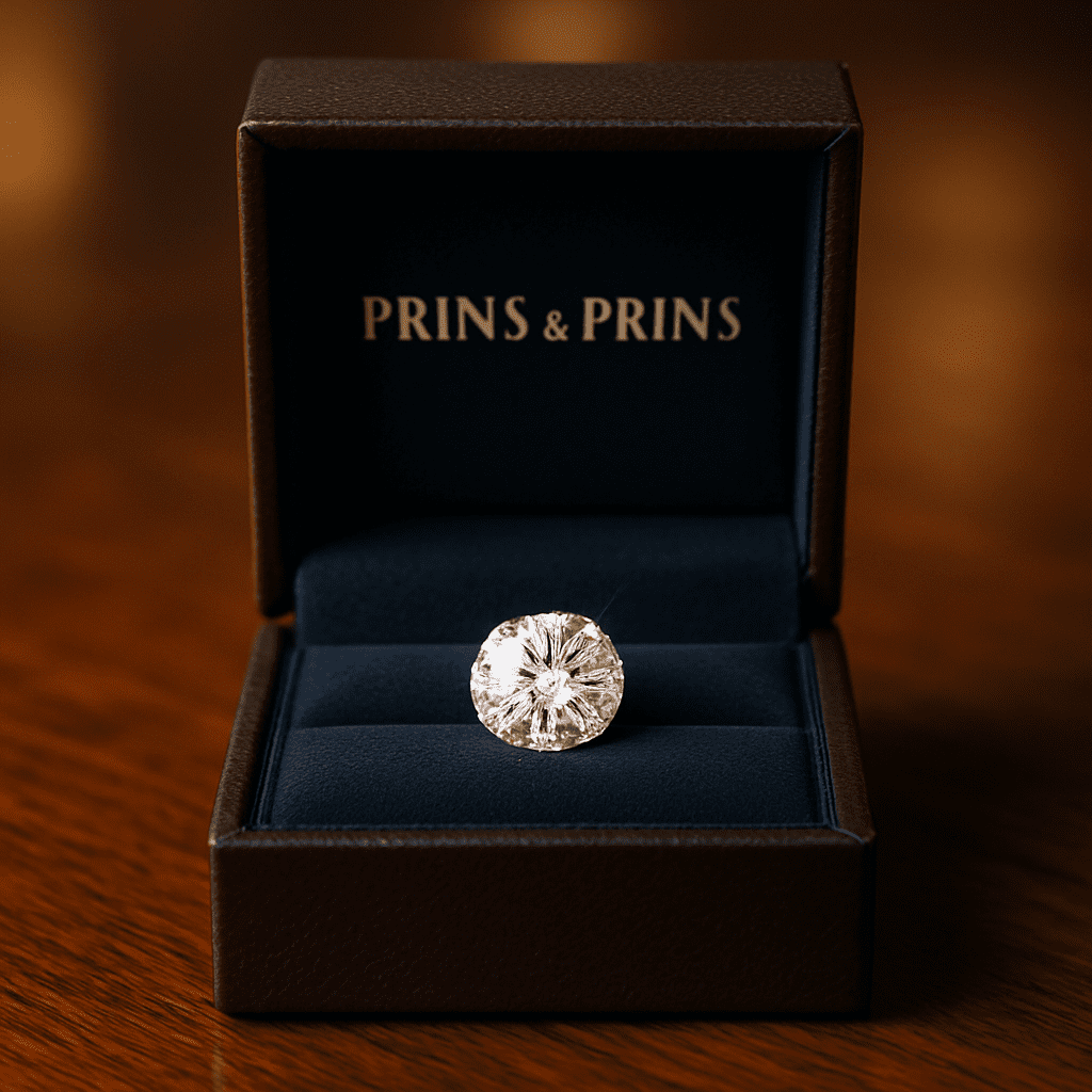 A close-up of a sparkling round brilliant diamond in a Prins & Prins branded jewellery box, displayed on a polished wooden surface under warm boutique lighting.