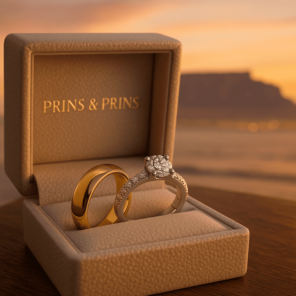 Two wedding rings — one classic gold band and one platinum diamond ring — rest inside a Prins & Prins branded jewellery box, with Cape Town’s Table Mountain softly glowing at golden hour in the background.
