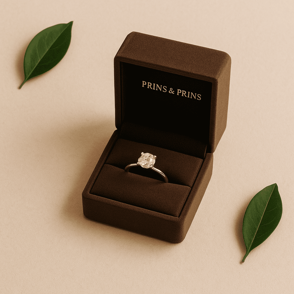 Elegant thumbnail image of a Prins & Prins jewellery box on a beige background, holding a sparkling gold diamond ring, with green leaves arranged around it to suggest sustainability and luxury.