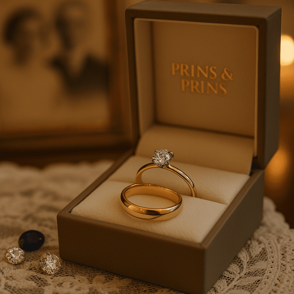 A close-up of a solitaire diamond engagement ring paired with a simple gold wedding band, resting inside a Prins & Prins branded jewellery box, softly lit with a warm golden glow.