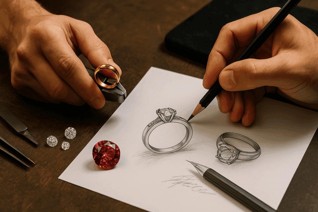 A master goldsmith shaping a gold band while sketching a platinum ring design on paper, with loose diamonds and tools scattered on the wooden workbench.