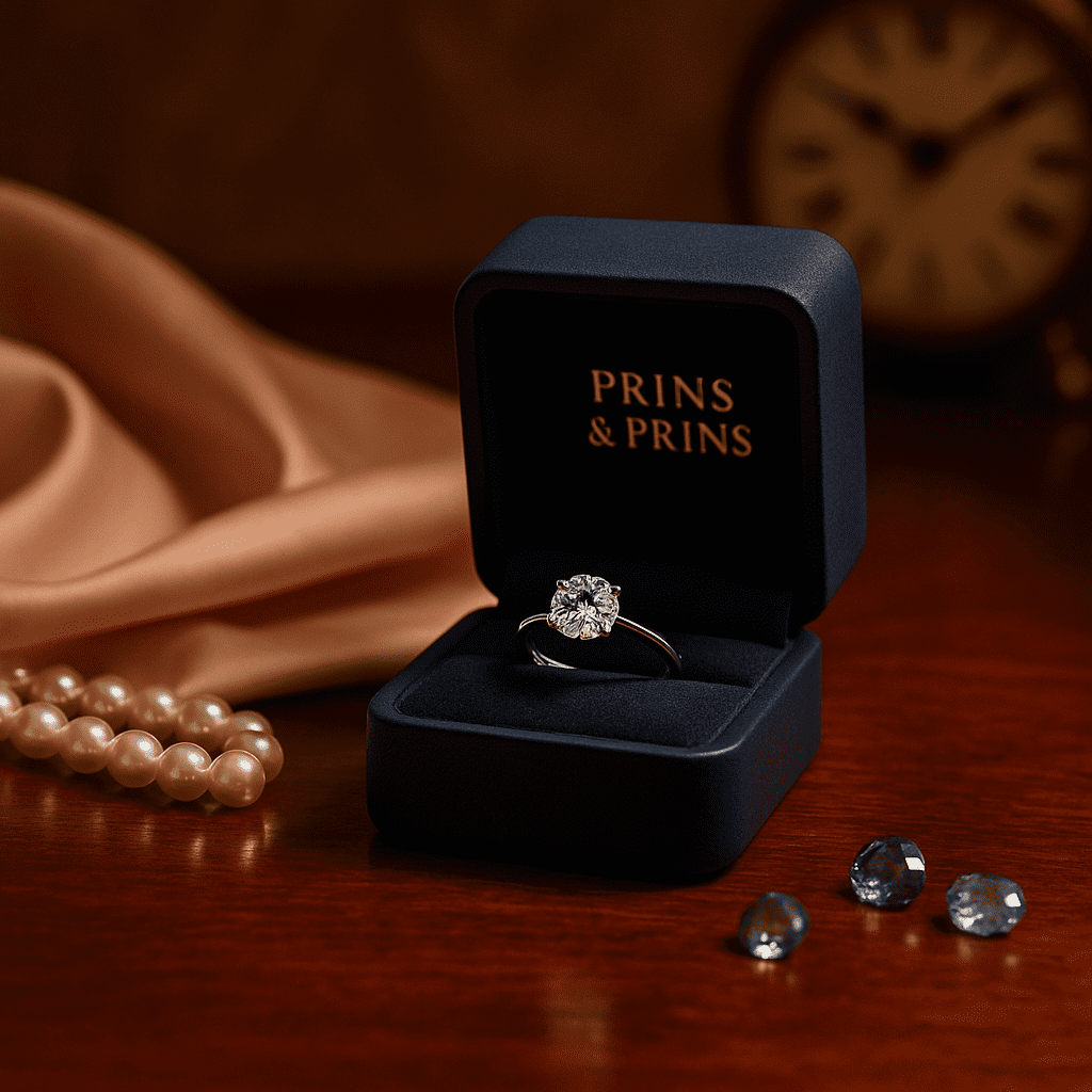 A photograph features an open Prins & Prins navy blue jewellery box displaying a solitaire diamond engagement ring on a white gold band. Beside it lies a strand of off-white pearls, a peach silk scarf, and three loose blue gemstones. In the blurred background, an antique brass clock adds a vintage touch.