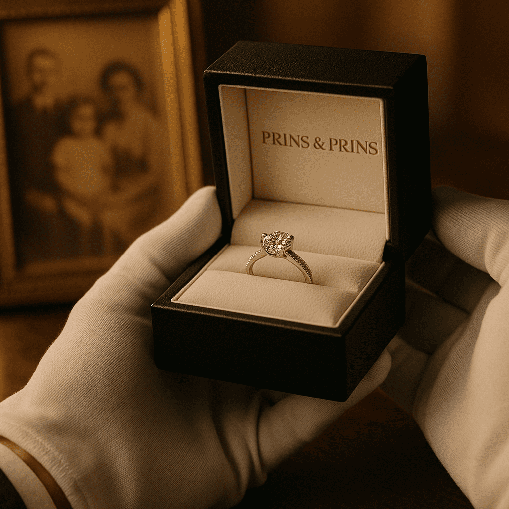 A close-up photograph of white-gloved hands gently placing a diamond engagement ring into a Prins & Prins signature box, with a softly blurred background featuring a vintage family portrait, symbolising the passing of heirlooms through generations.