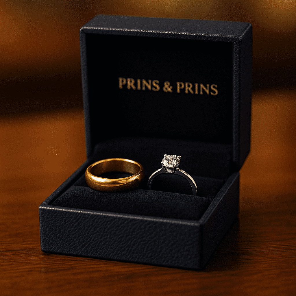 A Prins & Prins branded jewellery box on a polished wooden table, displaying a classic gold band and a platinum diamond ring side by side under warm boutique lighting.