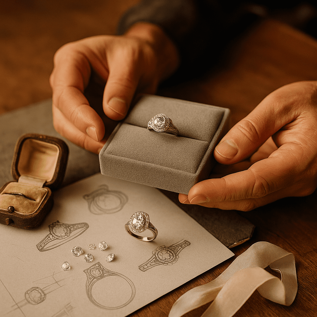 A photograph shows a jeweller's hands presenting a newly reimagined engagement ring with vintage detailing, including filigree and milgrain accents. Surrounding the ring are loose vintage diamonds, an heirloom ring box, and hand-drawn setting sketches, all arranged on a consultation table. The scene is softly lit, conveying sentimental craftsmanship and artisanal care.