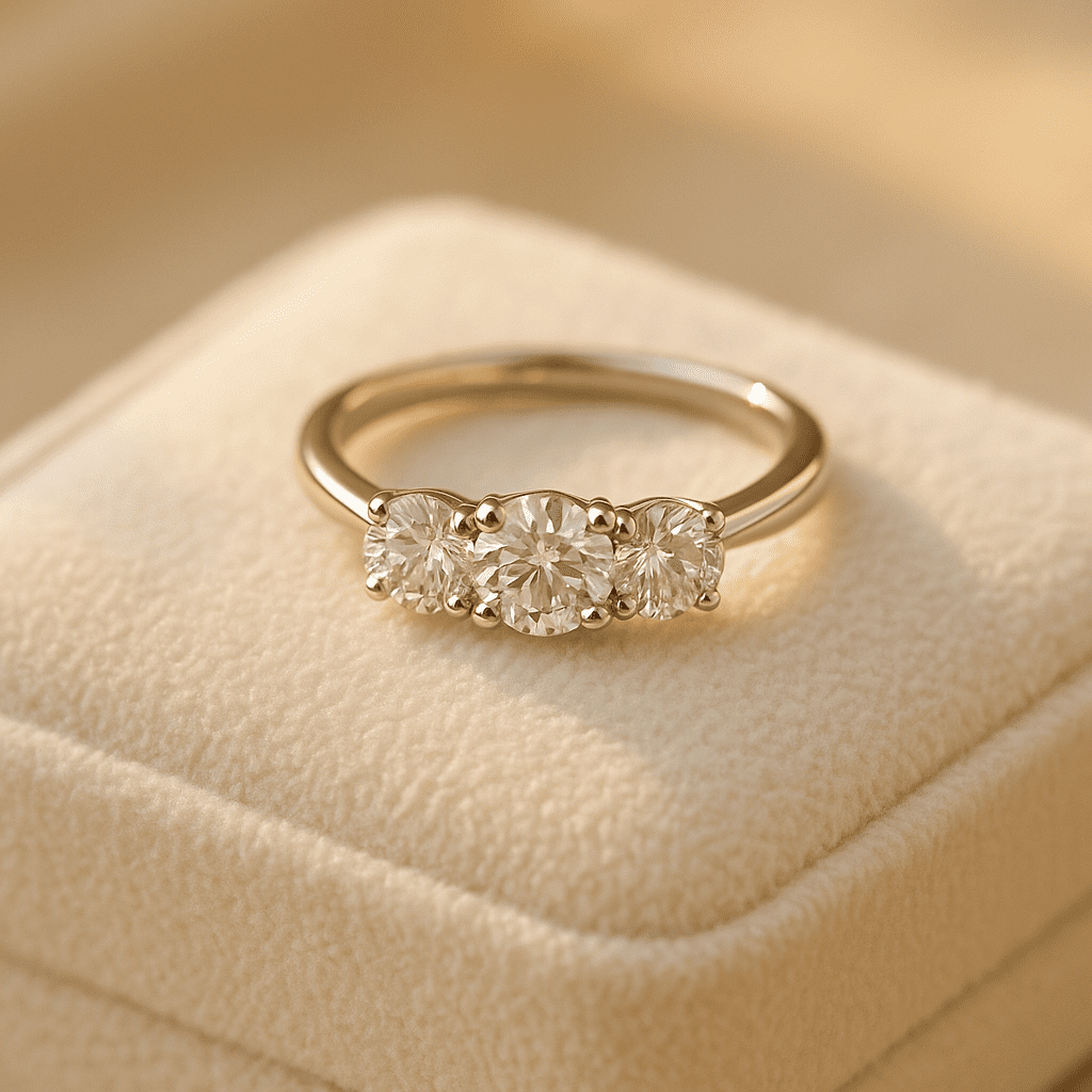 A refined close-up of a three-stone diamond engagement ring resting on a soft ivory velvet cushion. The three diamonds sparkle under warm natural light, symbolising past, present, and future in an elegant, timeless design.