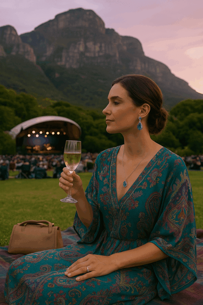 A photograph captures a fair-skinned woman seated on a patterned picnic blanket at Kirstenbosch National Botanical Garden during an outdoor concert. She wears a jewel-toned paisley kaftan and statement Tanzanite earrings, with a matching pendant necklace. Holding a glass of sparkling wine, she gazes calmly toward the stage in the background. The scene is framed by lush greenery and the distinctive silhouette of Table Mountain under a lavender-hued sunset sky, evoking an atmosphere of bohemian elegance and refined relaxation.