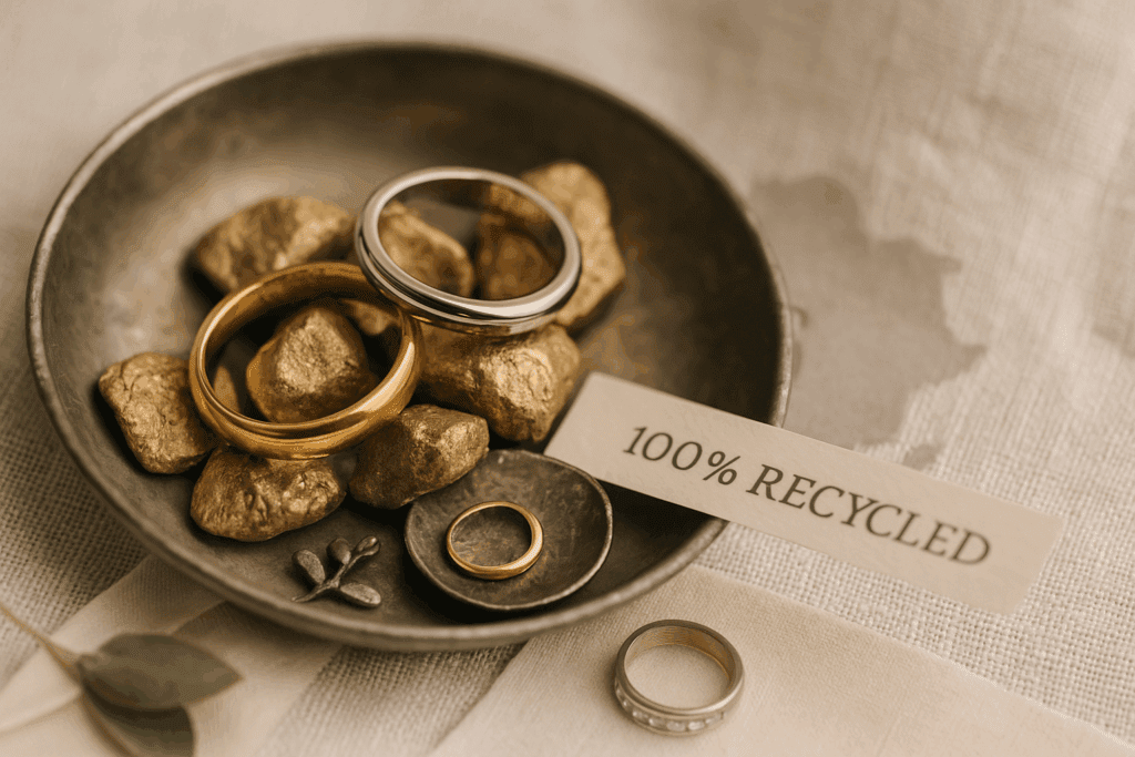 A photograph showcases two polished gold and platinum wedding bands resting on irregularly shaped recycled metal scraps in a jeweller’s tray. The background includes soft linen fabric and a small label reading “100% recycled.” The colour palette features warm metallics, ivory tones, and muted greys, conveying a refined sense of earth-conscious luxury.