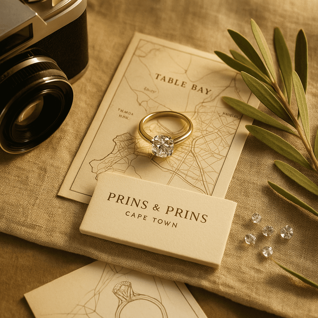Flat-lay composition featuring a Prins & Prins diamond ring alongside a folded Cape Town map, a vintage camera, and a sprig of local fynbos, all arranged on a soft linen surface with warm golden lighting, evoking a sense of travel nostalgia and luxury.