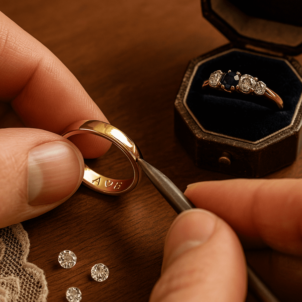 A cinematic close-up of a gold wedding band and solitaire diamond engagement ring in a Prins & Prins branded jewellery box, resting on vintage ivory lace, with Cape Town’s Table Mountain softly glowing in the golden sunset background.