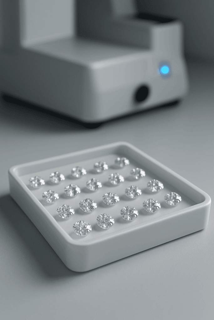 ’n Reghoekige skinkbord vol identiese laboratoriumgekweekte diamante onder steriele wit beligting, met ’n vae laboratoriummasjien in die agtergrond.