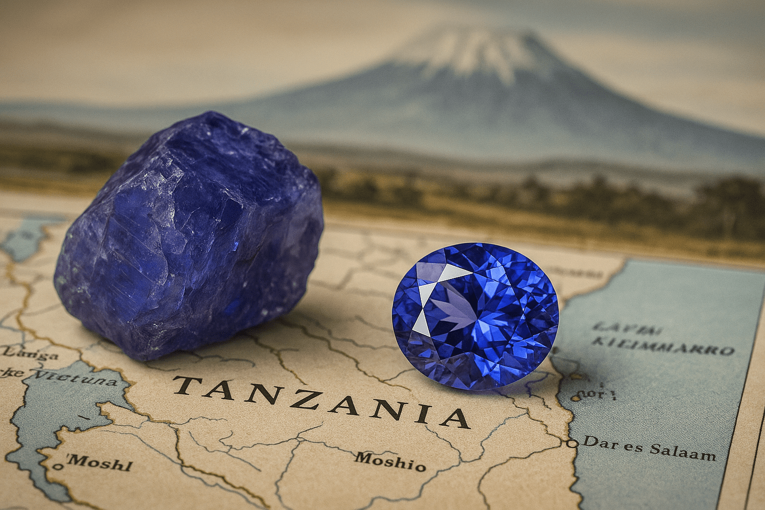 A rough tanzanite crystal placed beside a faceted violet-blue tanzanite jewel on a vintage map of Tanzania, with Mount Kilimanjaro softly blurred in the background.