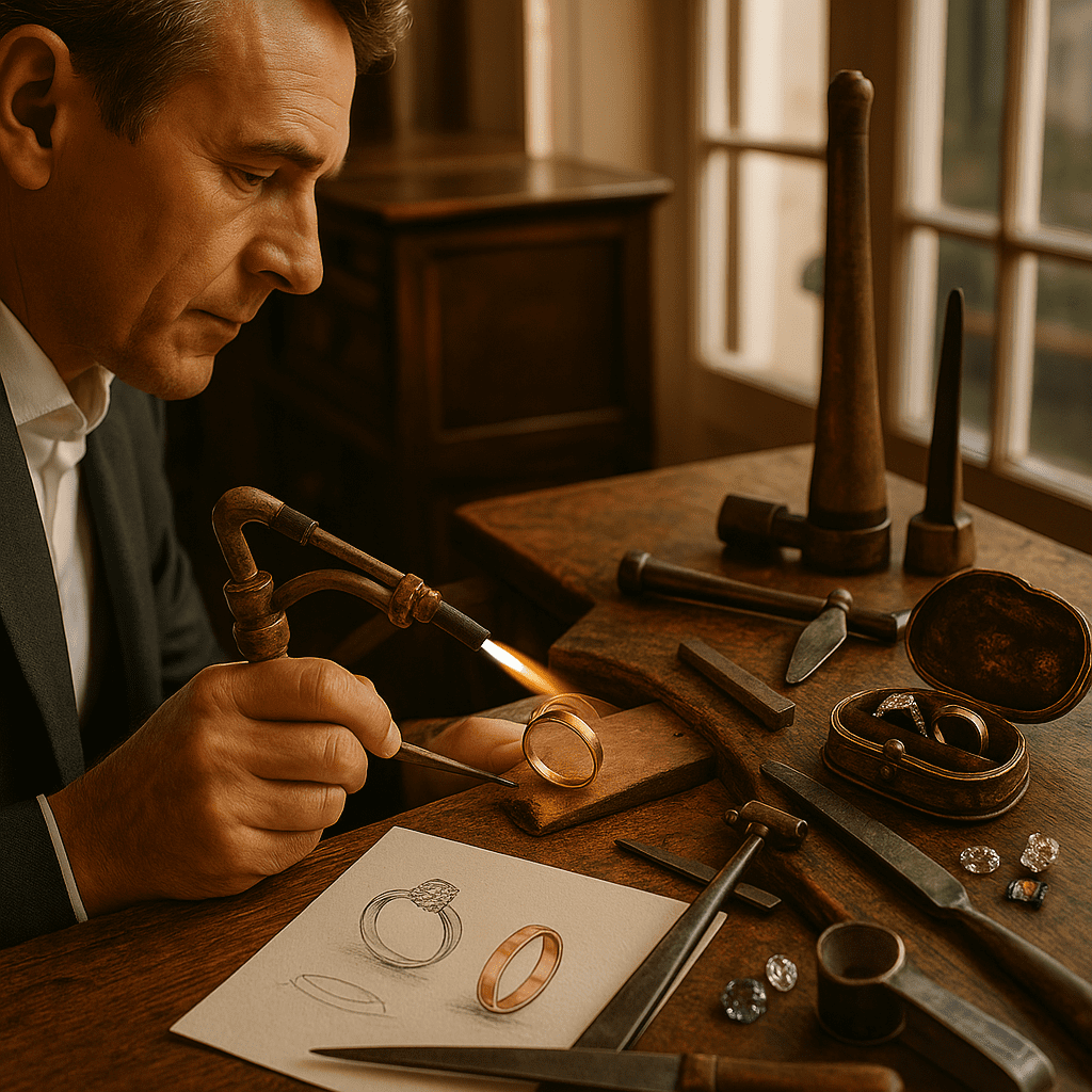 An artisan goldsmith works inside the historic Huguenot House, using antique tools and a torch to craft a gold wedding band. Sketches, heirloom jewellery, and loose gemstones lie on the wooden table, illuminated by soft natural light.