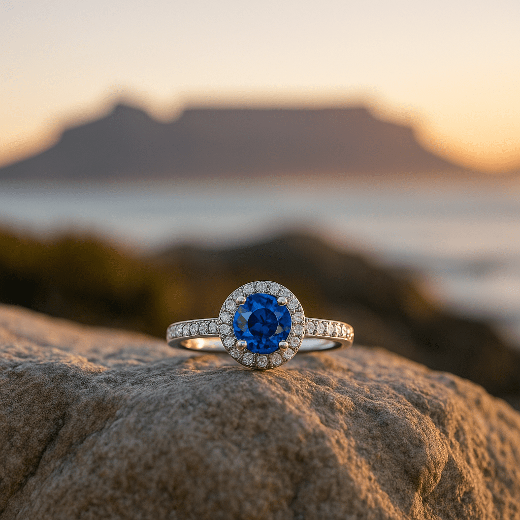 A platinum engagement ring with a round-cut blue sapphire surrounded by a halo of diamonds, resting on a rock at sunrise with Table Mountain softly blurred in the background.