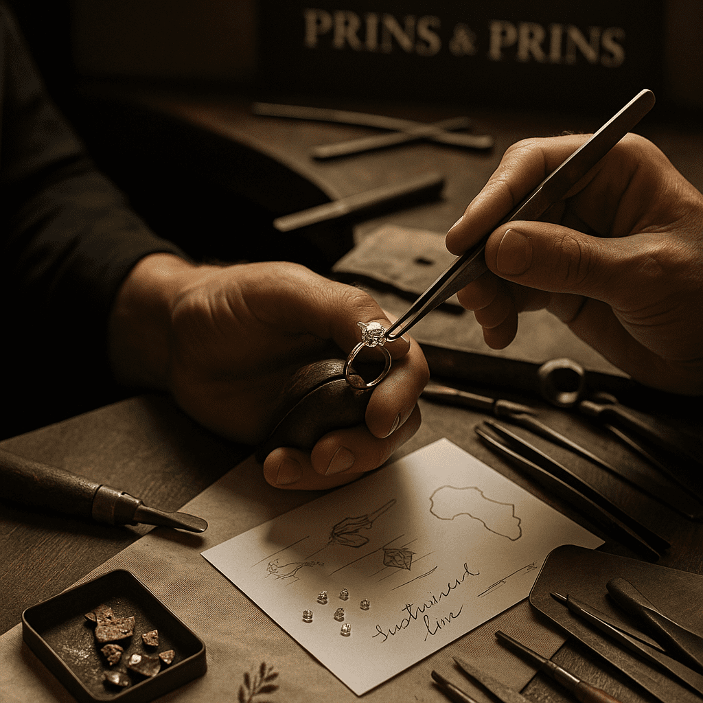 A photograph captures a master goldsmith at work at a traditional jeweller’s bench. The artisan is carefully placing a diamond into a ring setting, surrounded by sketches, precision tools, and raw materials. The texture of the wooden bench and the focus on the hands convey a sense of timeless craftsmanship and individual care. A Prins & Prins logo is subtly visible in the background, reinforcing artisanal authenticity.