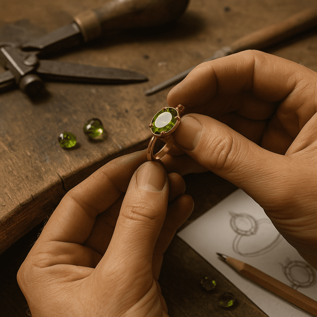 A close-up of a goldsmith’s hands carefully setting an oval peridot gemstone into a gold ring at a traditional wooden jeweller’s bench. The scene includes scattered green gemstones, hand-drawn ring sketches, and artisan tools, all softly illuminated by warm ambient lighting, emphasising the craftsmanship and luxury of the piece.