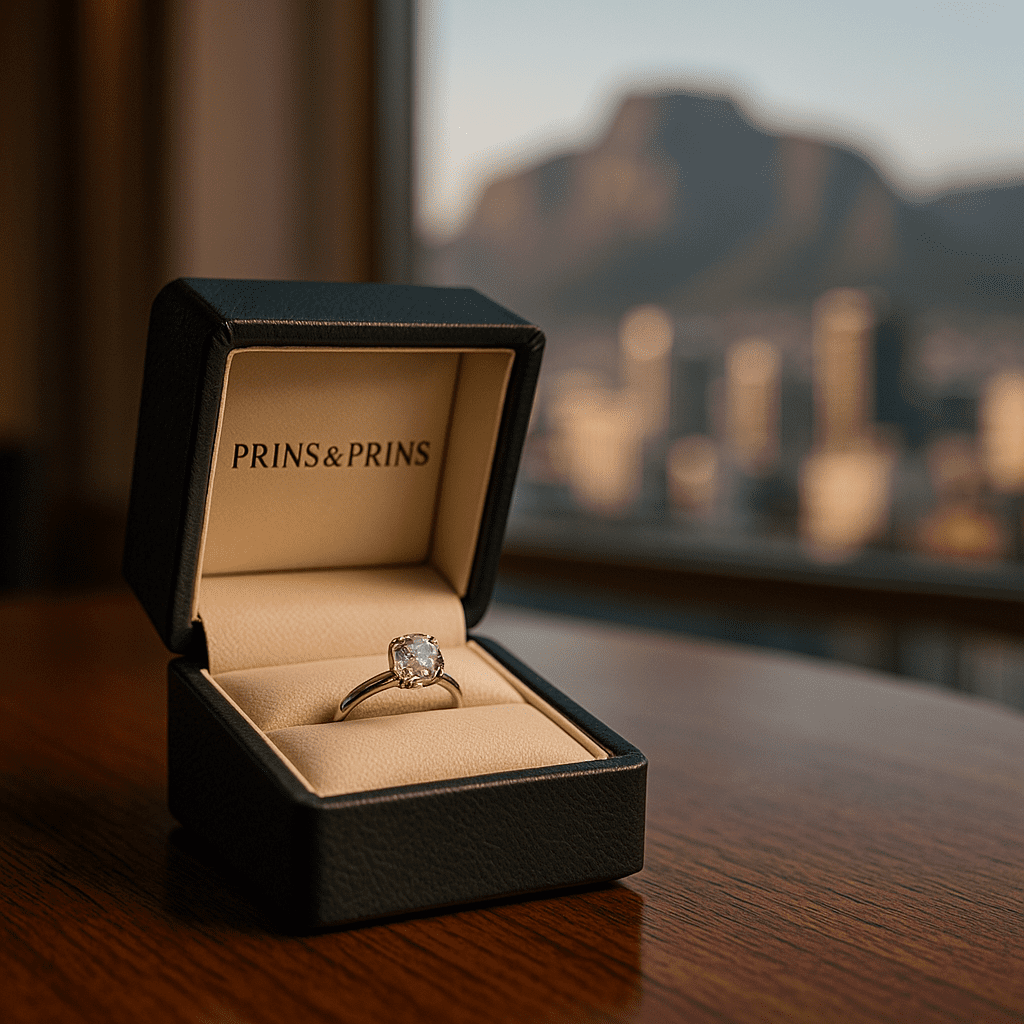 Prins & Prins branded jewellery box on a polished wooden table, slightly open to reveal a sparkling vintage engagement ring, with the blurred Cape Town city skyline and Table Mountain in the background.