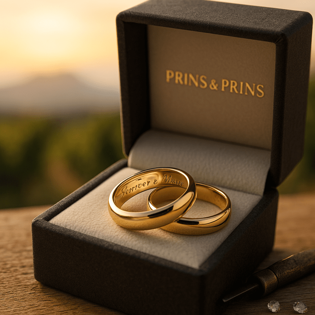Two intertwined gold wedding bands rest inside a charcoal Prins & Prins branded jewellery box. One ring is engraved with “Forever & Always.” The blurred vineyard background glows in warm golden-hour light, creating a romantic and luxurious atmosphere.