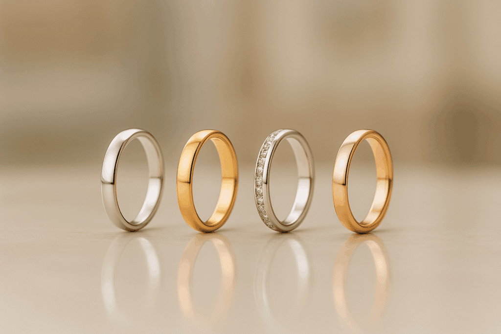 A refined product photograph showcasing four wedding bands side by side on a reflective surface. From left to right: a platinum band, a yellow gold band, a white gold band with diamond accents, and a rose gold band. The soft lighting enhances the metallic tones, creating an elegant and luxurious look.