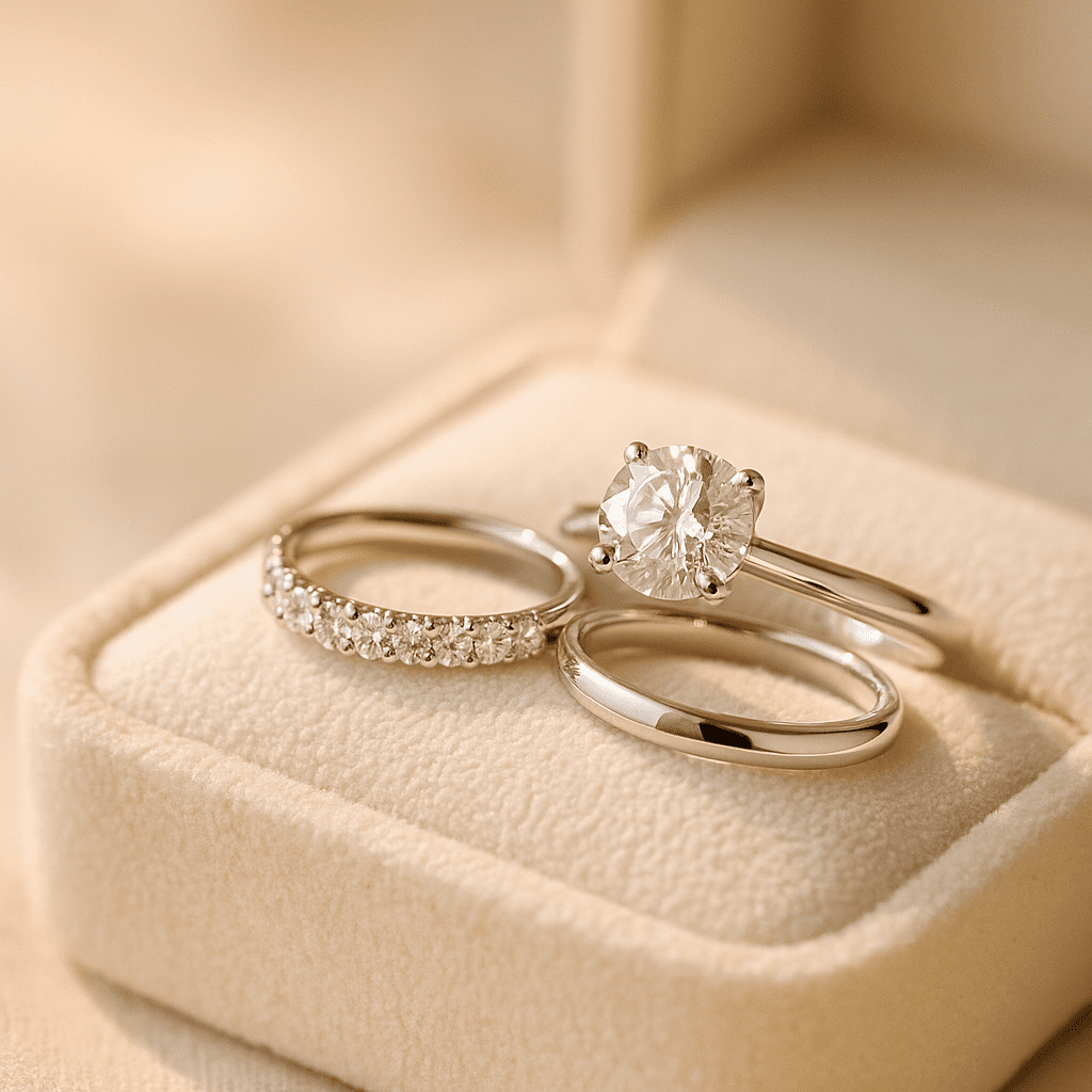 A close-up of a diamond solitaire ring and a diamond wedding band displayed on a soft ivory velvet cushion, their brilliance highlighted by natural light, symbolising timeless elegance.