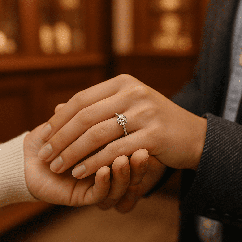 ’n Romantiese foto wys ’n paartjie wat hande vashou, met ’n sprankelende natuurlike diamant-verloofring aan die een se vinger, teen die agtergrond van die Prins & Prins-boutiek.