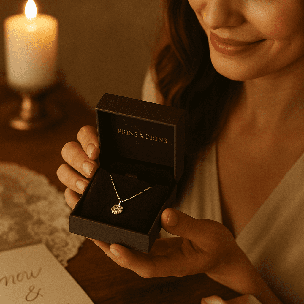 A photograph captures a light-skinned woman in the warm glow of golden hour, smiling as she opens a Prins & Prins jewellery box at an elegantly set outdoor table. Inside, a diamond pendant sparkles softly. The scene includes a champagne glass, soft-focus floral arrangements, and romantic ambient lighting — evoking an emotional, heartfelt gifting moment.