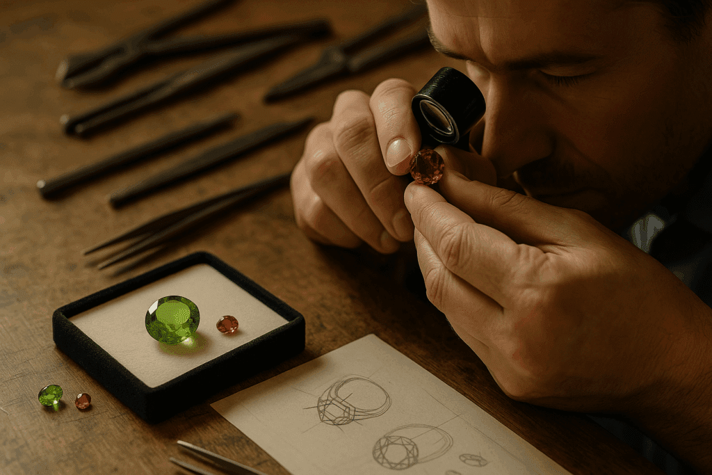 A gemologist closely examines a vivid red gemstone through a jeweller’s loupe at a wooden workbench. The scene includes scattered tools, a tray with peridot and spinel gems, and a hand-drawn custom ring sketch. Soft, focused lighting highlights the gemologist’s hands and the brilliance of the stones, creating a behind-the-scenes atmosphere of expertise and precision.