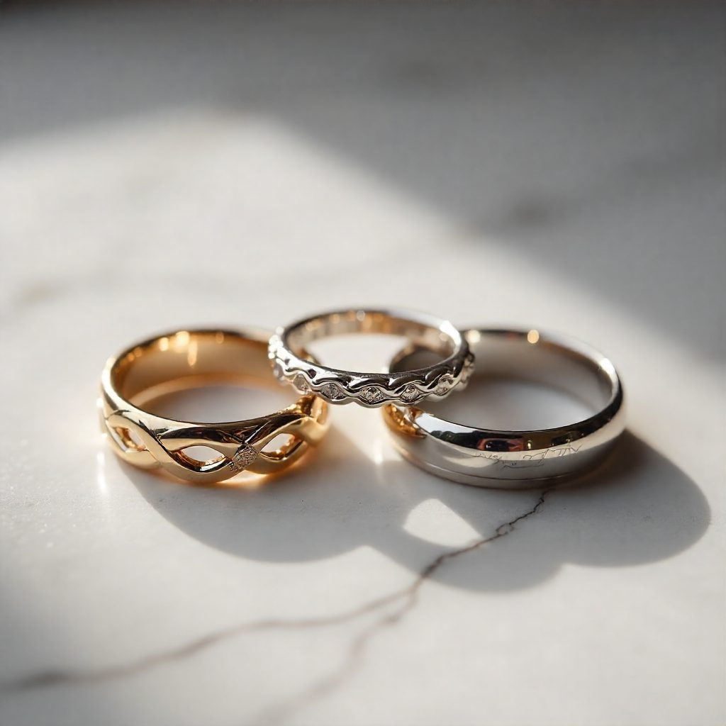 Three wedding rings elegantly arranged on a marble surface: one featuring an infinity knot design, one with a Celtic twist motif, and one with a subtle engraved inscription inside the band. The warm gold and platinum tones contrast beautifully with soft shadows, creating a refined and symbolic presentation.
