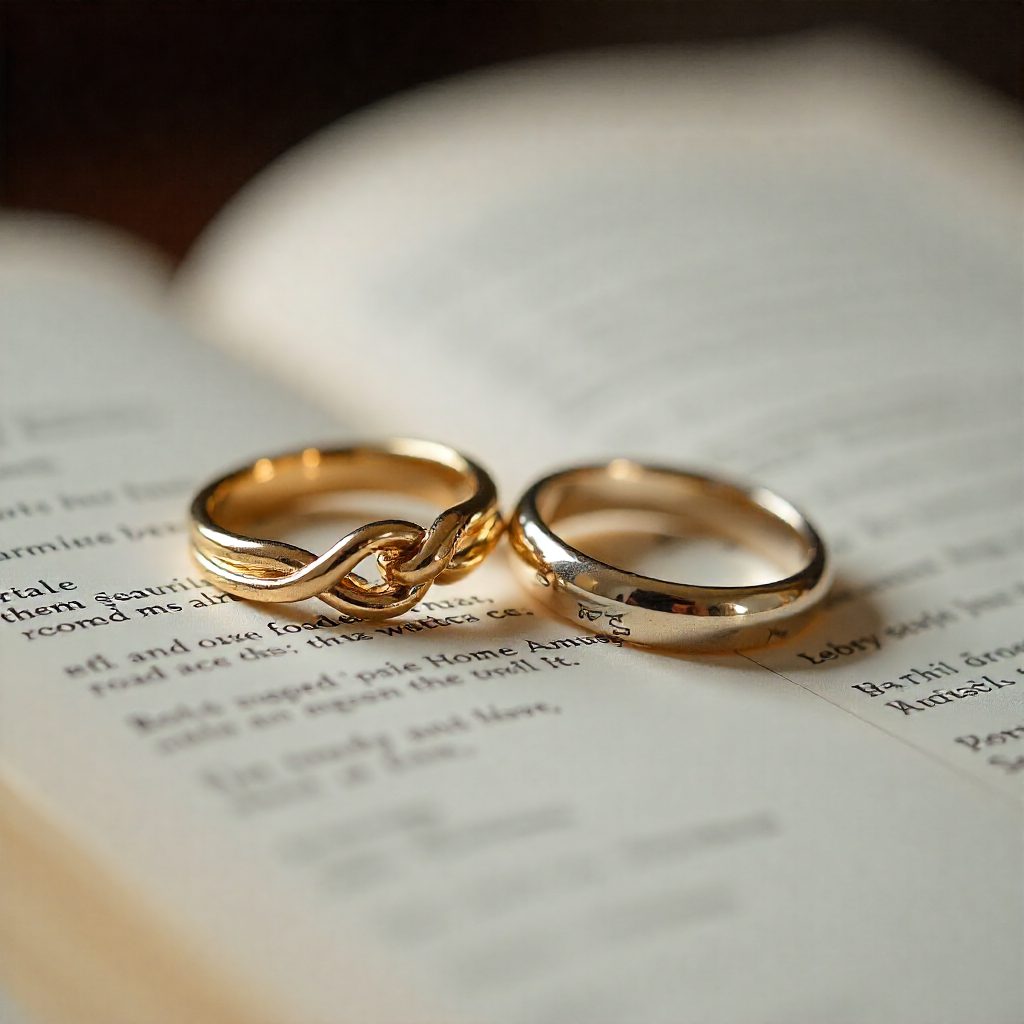 Three symbolic wedding rings displayed on an open book of poetry: one with an infinity knot, one with a Celtic twist, and one engraved with a wedding date.