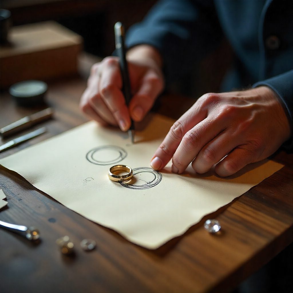 An artisan jeweller’s hands sketching a pair of matching bands on design paper, with loose diamonds and engraving tools scattered across a polished wooden table.