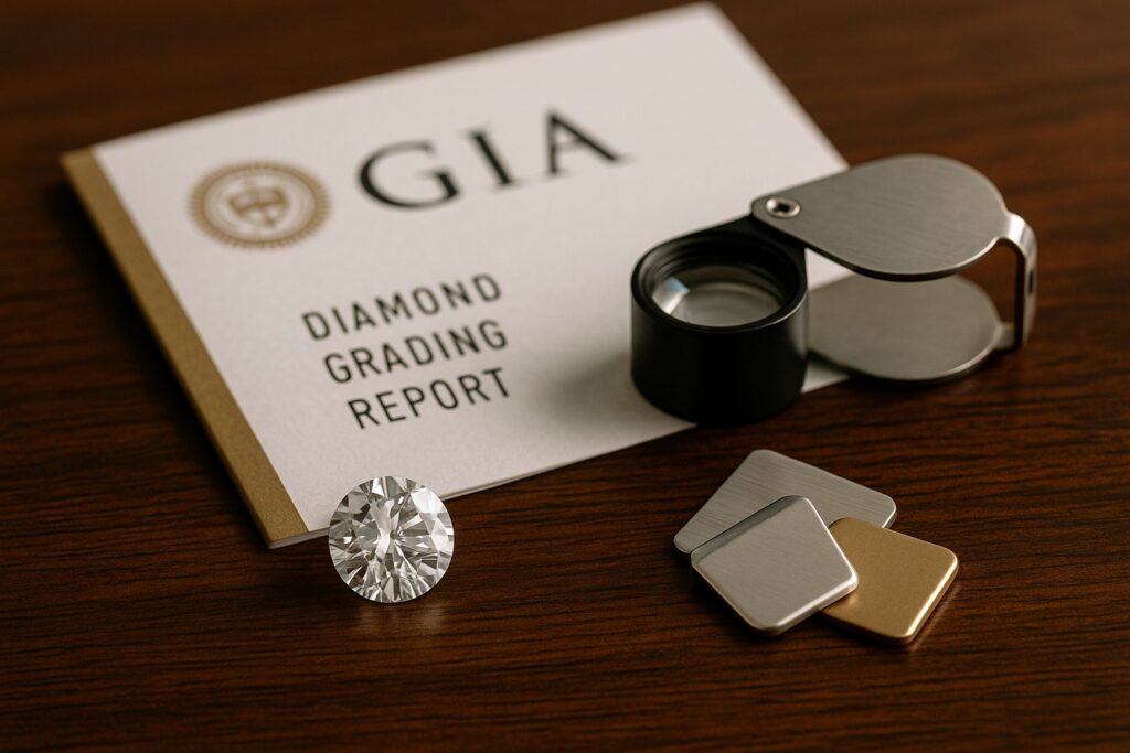 Loose diamond displayed with a GIA certificate and jeweller’s loupe.