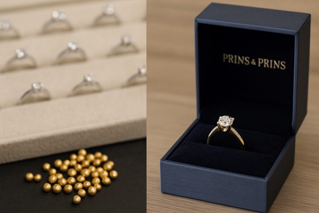 Contrast between mass-produced jewellery and a unique handmade engagement ring.